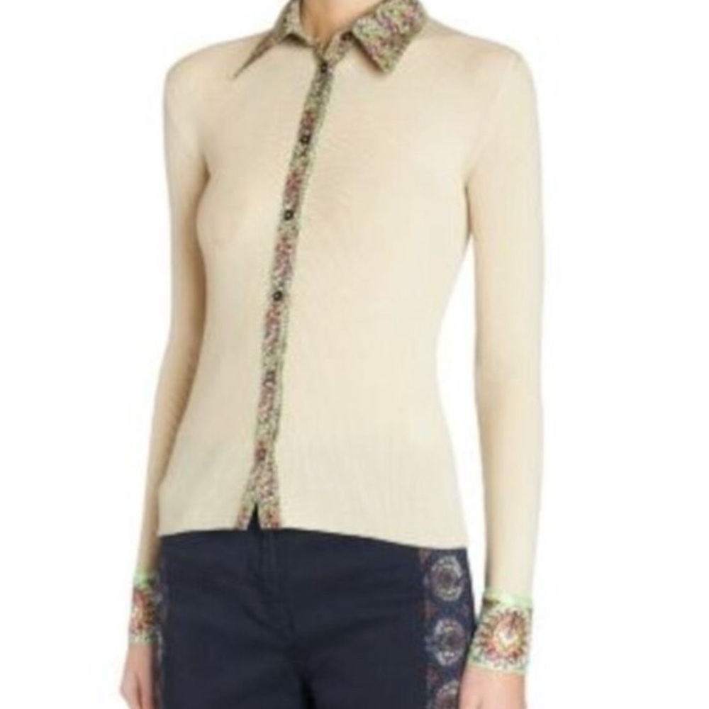 ETRO Beige Ribbed Knit Long Sleeve Point Collar Button up Size 38